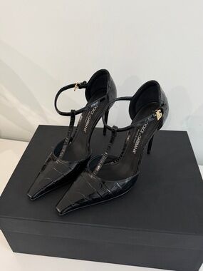 Dolce & Gabbana Black Croc-Embossed Patent T-Strap Stiletto
